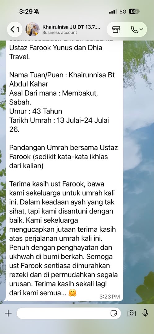Testimoni jemaah melalui WhatsApp 1